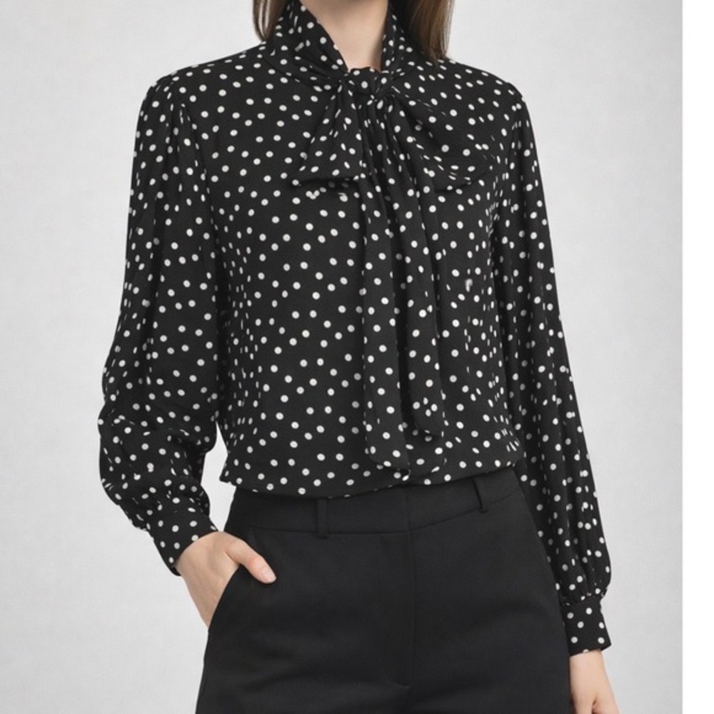 Zara‎ Black White Polka Dot Bow Blouse Long Sleeve Women's M Preppy Chic 80-30